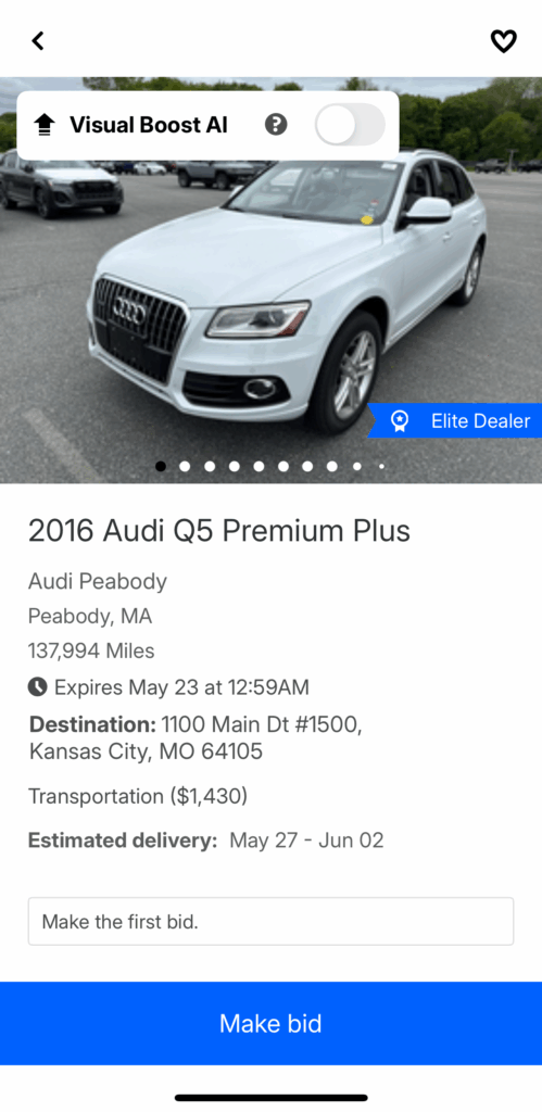 The view a dealer sees when trying to place a bid on a vehicle