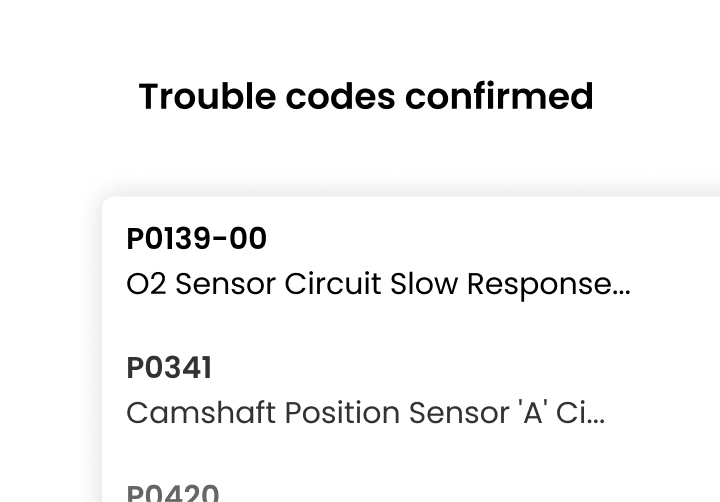 A product UI showing OBD2 code translated into plain English