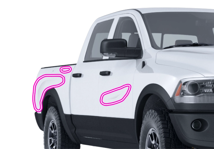 A pickup truck with scratch and dig highlighted