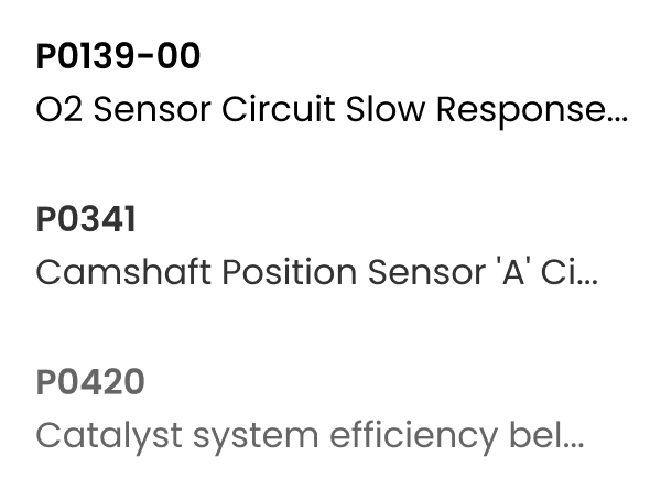 Image of notifications saying P0139-00 02 Sensor Circuit Slow Response... P0341 Camshaft Position Sensor 'A' Ci... P0420 Catalyst system efficiency bel...
