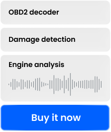 UI Elements showing OBD2 Decoder, Damage Detection, Engine Analysis and a Buy it now button