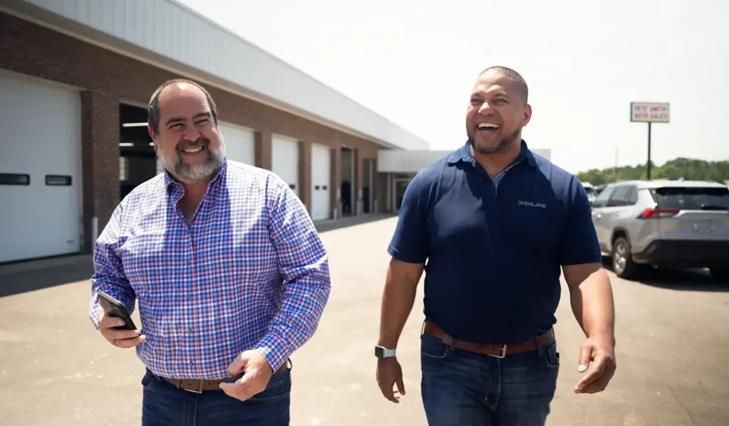 Two men walking in parking lot
