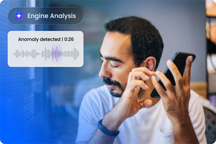 A man holds a smartphone to his ear, listening intently. A digital overlay reads Engine Analysis and displays audio with Anomaly detected | 0:26 and a sound wave graphic.