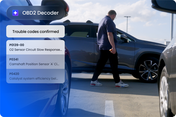 A person walks beside a parked SUV in a parking lot. On-screen graphics display an OBD2 Decoder with confirmed trouble codes: P0139-00, P0341, and P0420, each showing brief descriptions.
