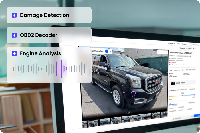 A computer screen displays a vehicle analysis app showing a black SUV and damage marks. Overlay icons highlight features: Damage Detection, OBD2 Decoder, and Engine Analysis with a soundwave graphic.