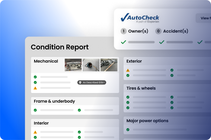 A digital car condition report displays sections for Mechanical, Frame & underbody, Interior, Exterior, Tires & wheels, and Major power options, along with an AutoCheck summary showing owner and accident status.