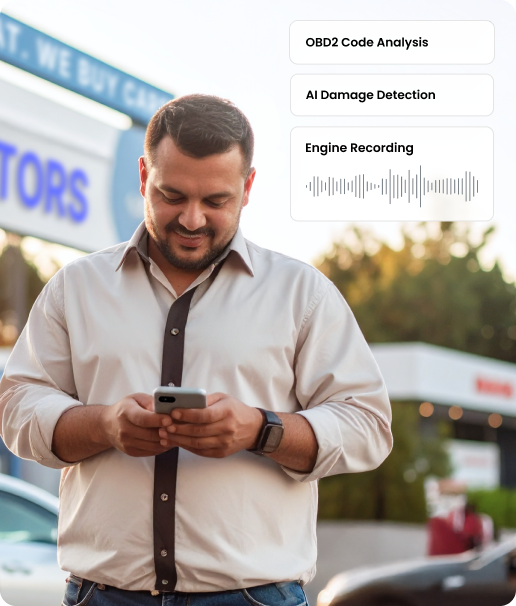 A man stands outdoors, smiling while using his smartphone. Behind him is a blurred car dealership. Overlay icons list features: OBD2 Code Analysis, AI Damage Detection, and Engine Recording.
