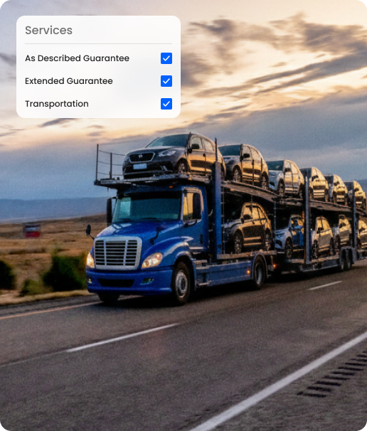 A blue car carrier truck loaded with cars drives on a road at sunset. On the left, a checklist titled Services shows three checked options: As Described Guarantee, Extended Guarantee, and Transportation.
