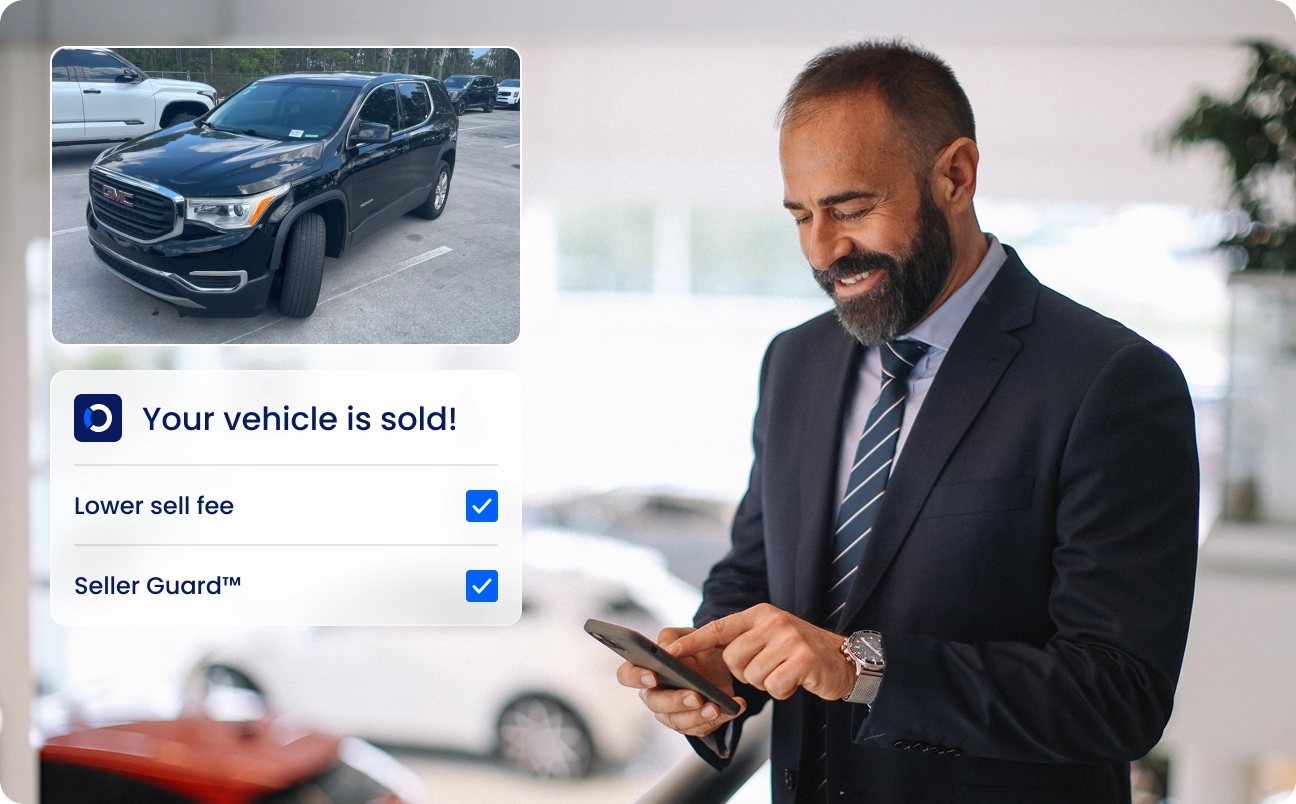 A smiling man in a suit uses a tablet in a car showroom. On the left, an inset shows a parked black SUV and a message: Your vehicle is sold! with checkboxes for Lower sell fee and Seller Guard™.