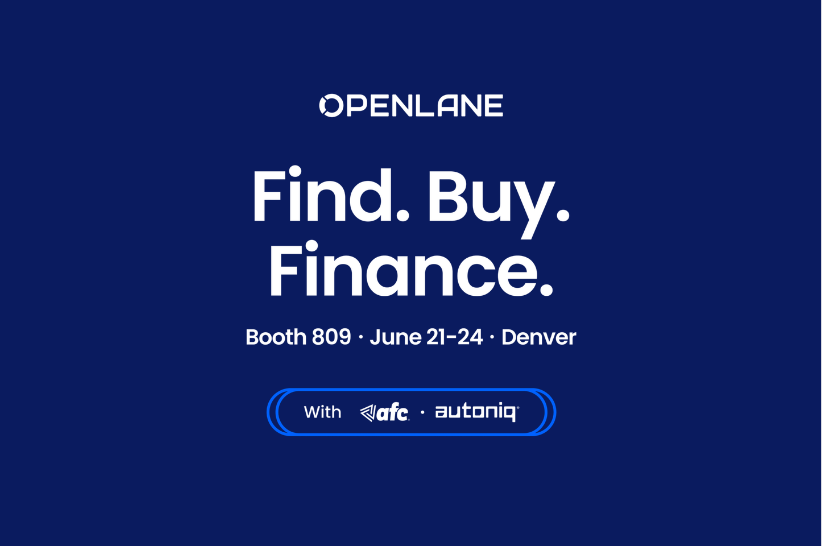 A promotional graphic for OPENLANE at NIADA reads: Find. Buy. Finance. Booth 809 · June 21–24 · Denver. It features the logos for afc and autoniq on a blue background, spotlighting dealer success for independent dealers.