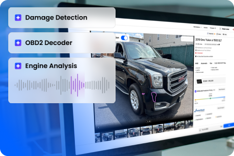 A computer screen displays a vehicle report for a black pickup truck, with highlighted features including Damage Detection, OBD2 Decoder, and Engine Analysis in floating graphic boxes on the left.