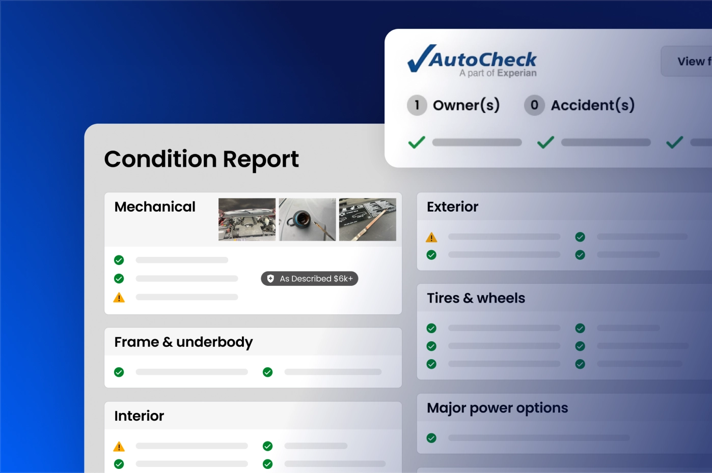 A digital vehicle condition report displays checkmarks and caution icons for categories like mechanical, exterior, frame & underbody, and tires & wheels, with an AutoCheck logo and owner/accident history at the top.