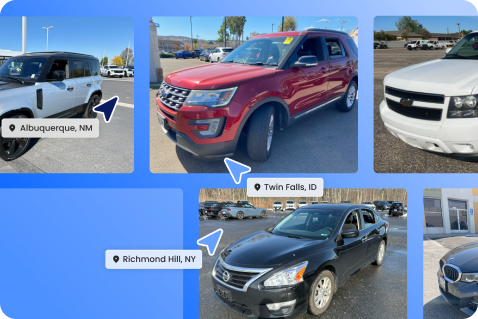 A collage of four different cars in dealership lots, each with a label showing locations: Albuquerque, NM; Twin Falls, ID; Richmond Hill, NY. The cars include SUVs and a sedan, photographed under clear skies.
