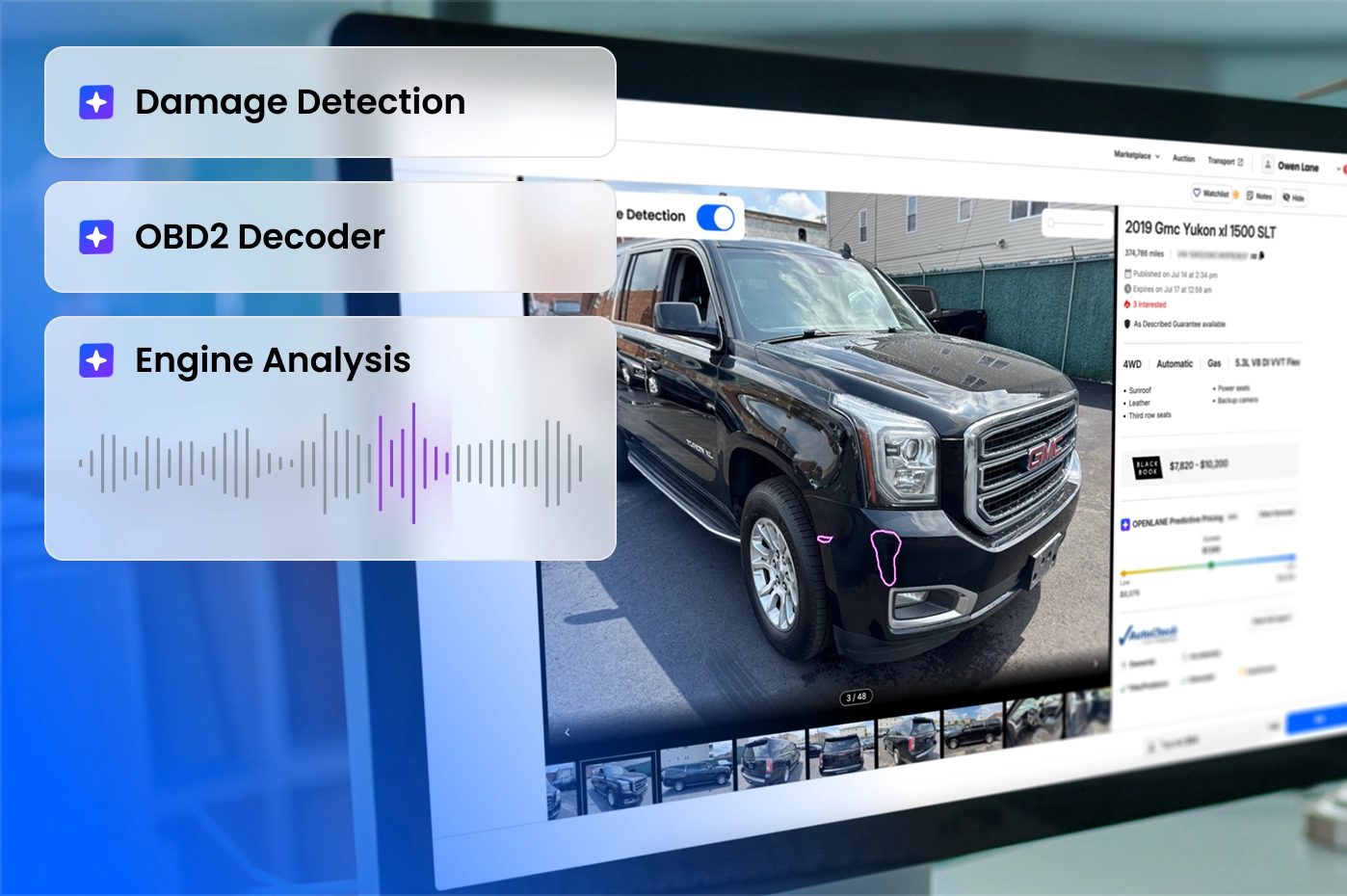 A computer screen displays an automotive diagnostic tool analyzing a black GMC truck. On-screen features include damage detection, OBD2 decoder, and engine analysis, highlighted with icons and graphics.