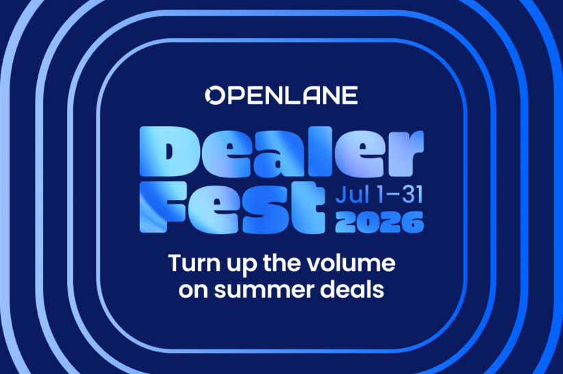 Blue graphic with concentric rounded rectangles and the text: OPENLANE Dealer Fest Jul 1–31 2026. Turn up the volume on summer deals.