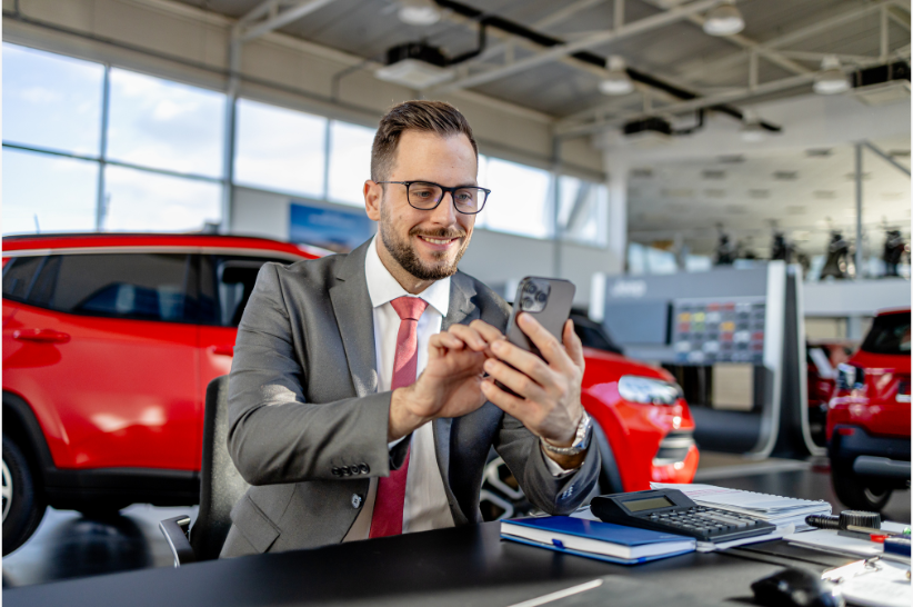 A smiling man in a gray suit sits at a desk in a car showroom, looking at his smartphone. Red SUVs are visible in the background, along with office supplies on the desk.